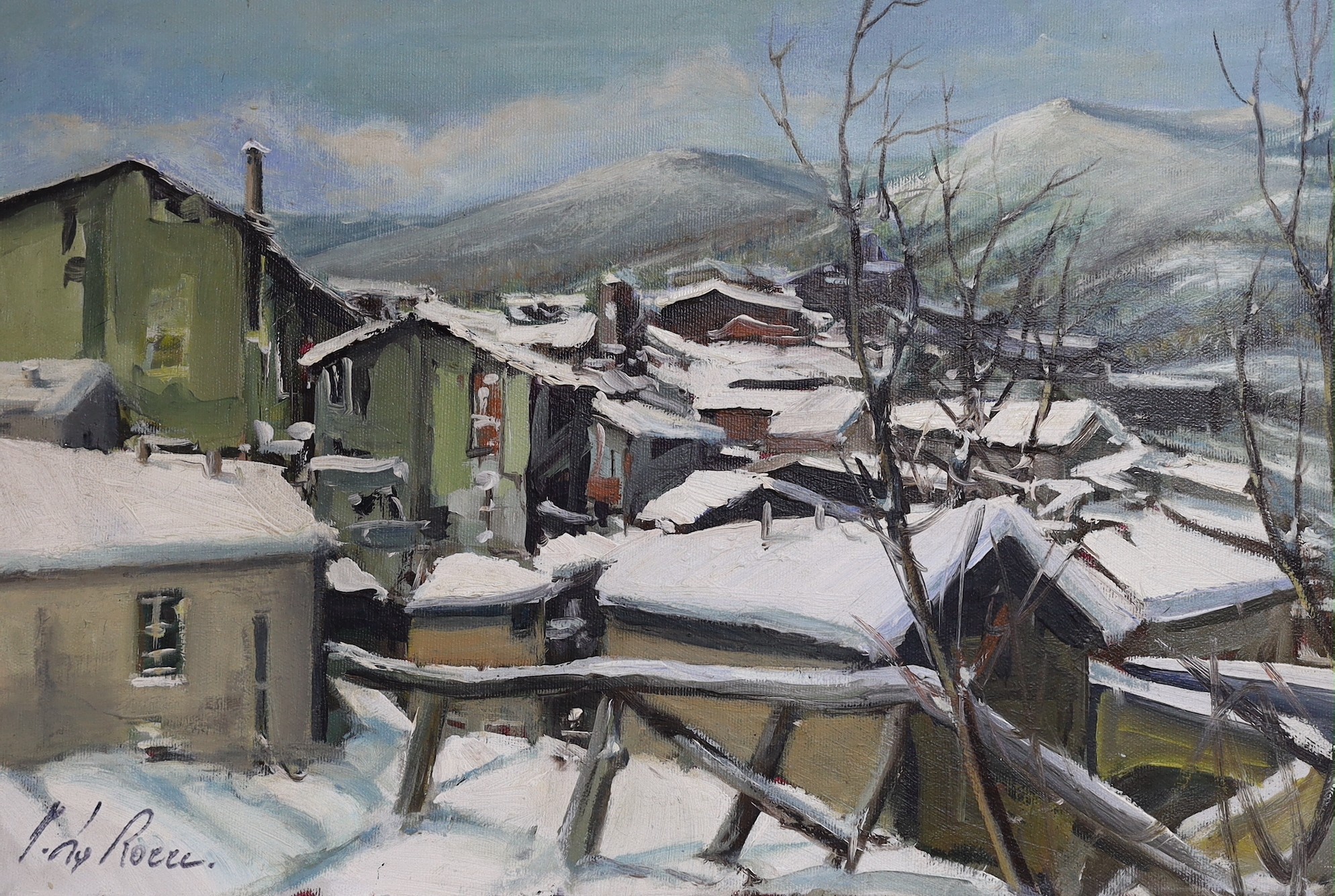 J. La Rocce, oil on canvas, Alpine town in winter, signed, 40 x 60cm, unframed